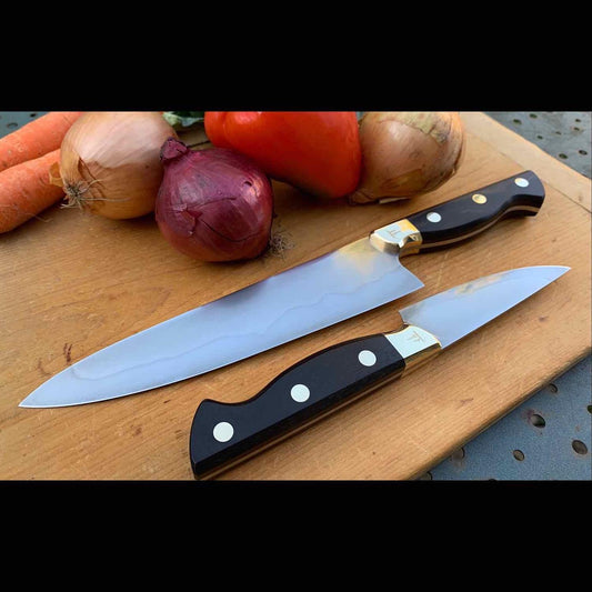 Matching Chef and Paring knifes with Hamon on Chopping board